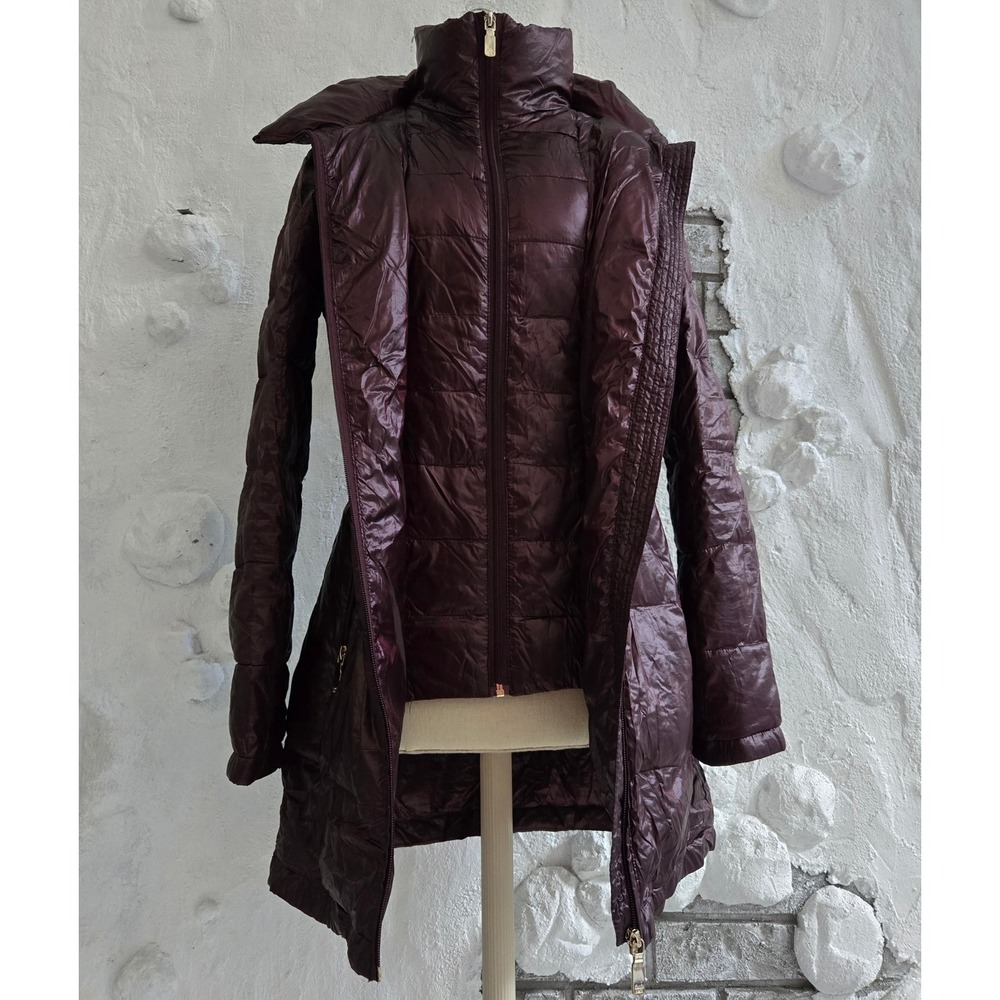 Calvin Klein Women Packable Down Puffer Coat Burgundy Metallic Hooded Small